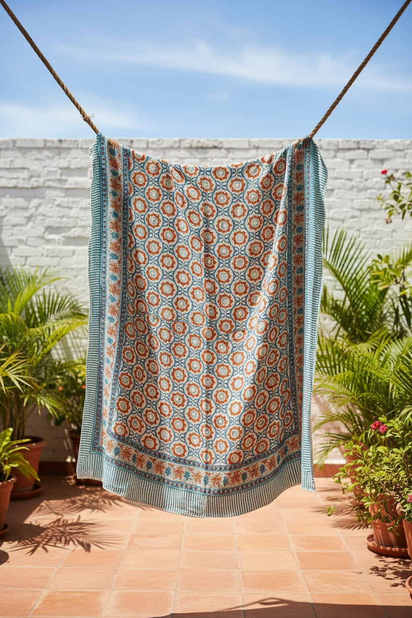 Decorative blanket with orange and blue pattern on a white background