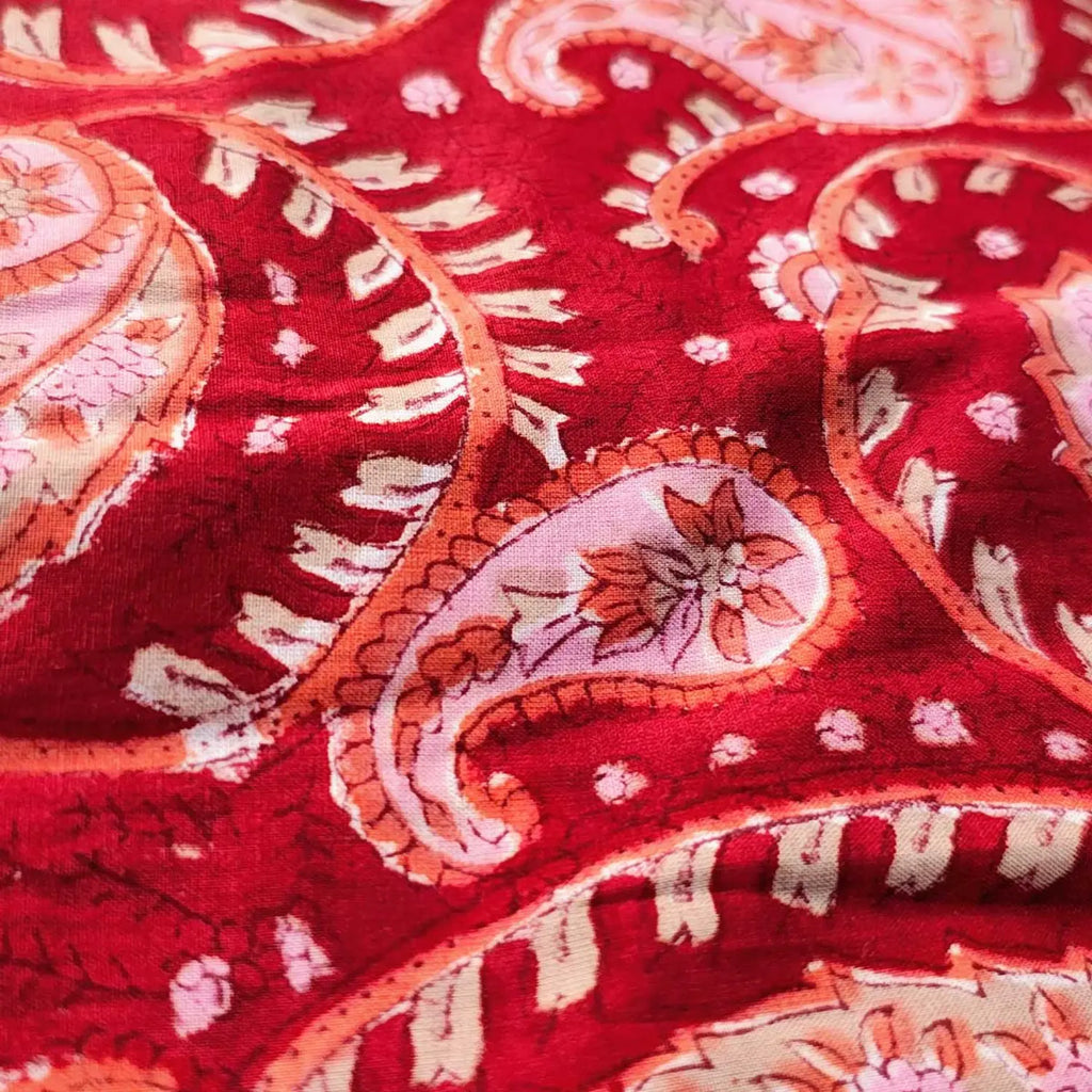Sanganeri Hand Block Print Cotton Fabric – Red Floral Print