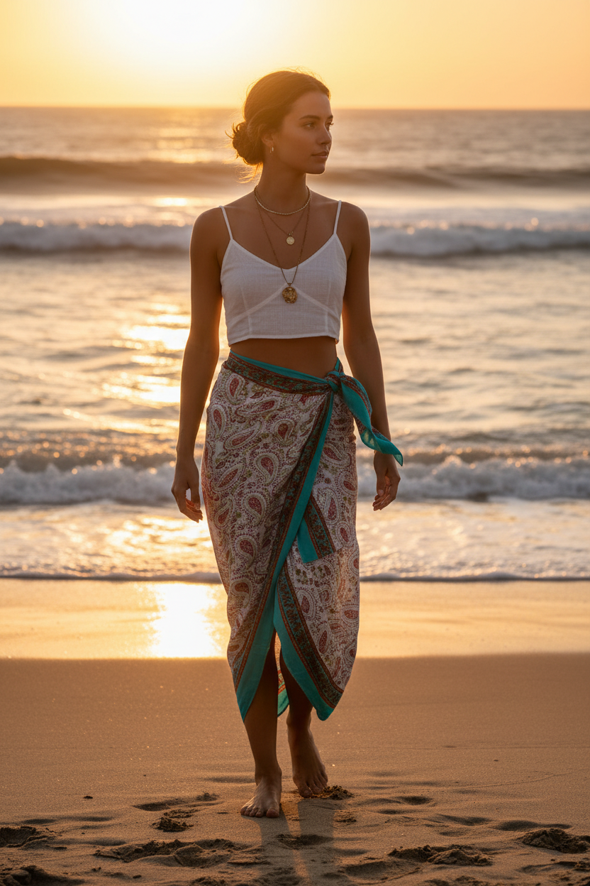 Woman standing on a beach at sunset wearing a white top and patterned sarong.