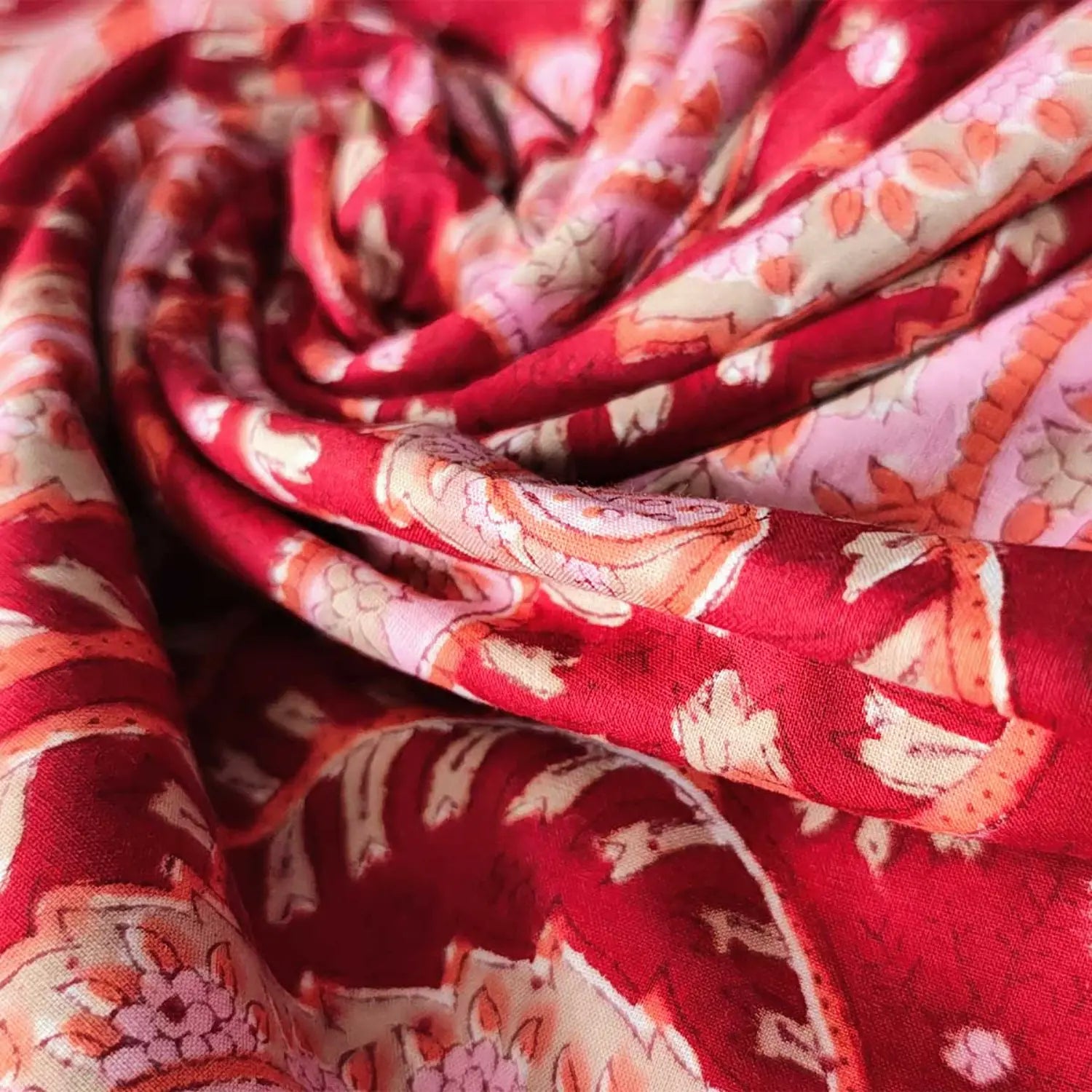 Sanganeri Hand Block Print Cotton Fabric – Red Floral Print