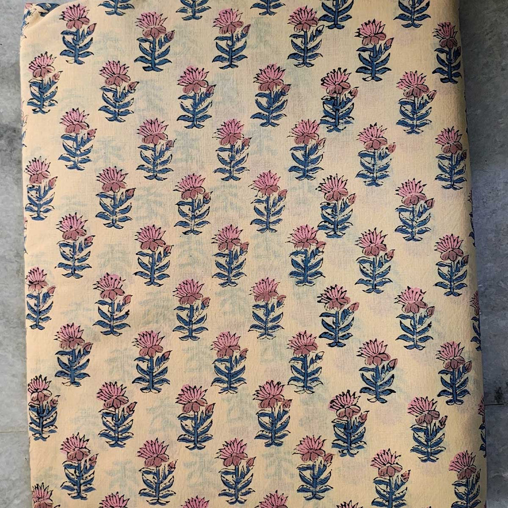 Handmade Bagru Print Textile – Beige Floral Print Cotton Material
