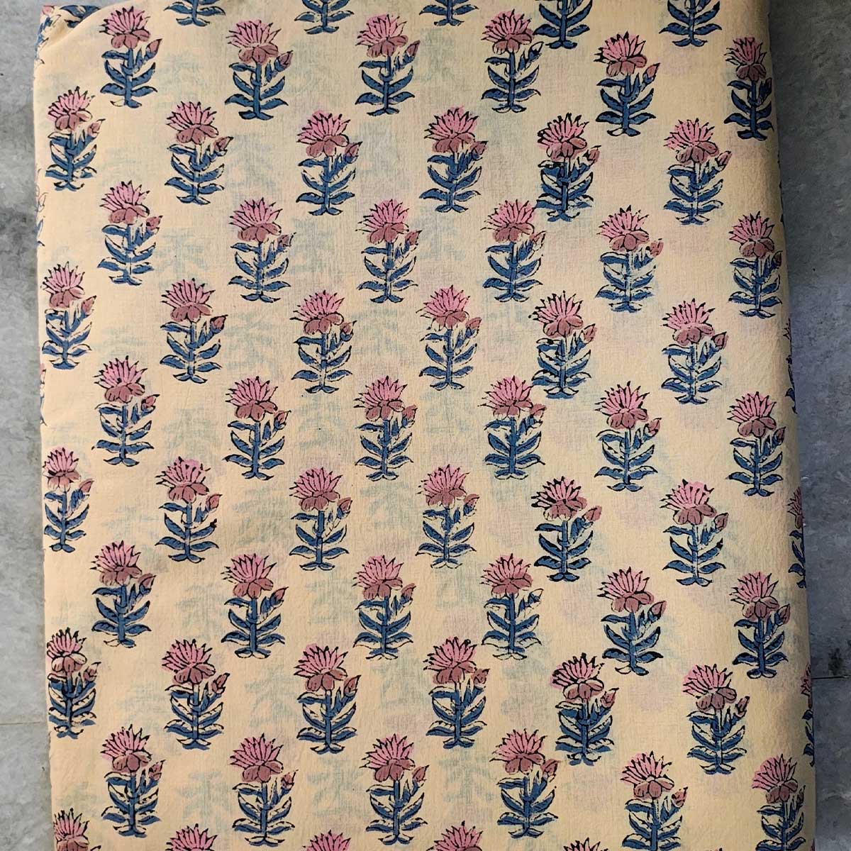 Handmade Bagru Print Textile – Beige Floral Print Cotton Material
