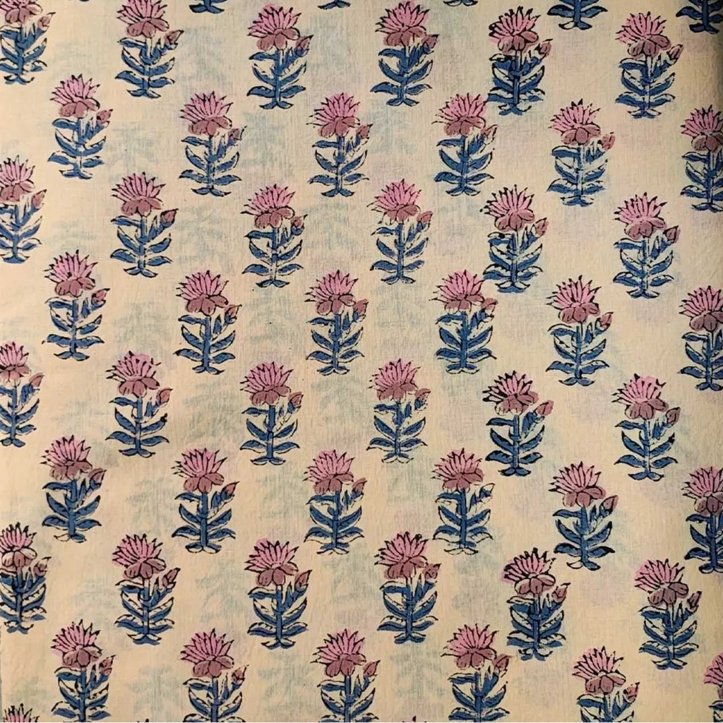 Sanganeri Hand Block Print Cotton Fabric – Beige Floral Print