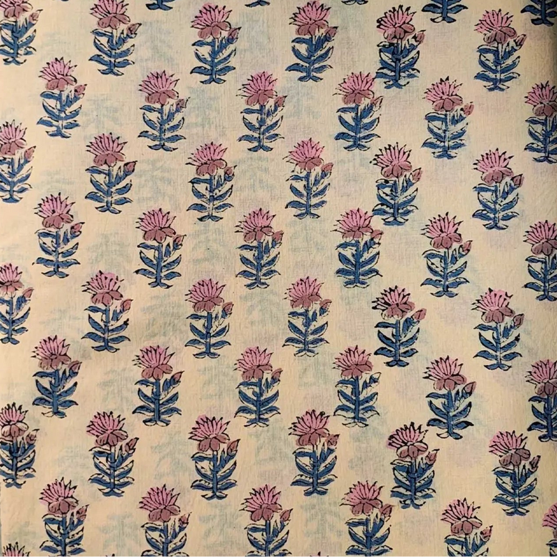 Sanganeri Hand Block Print Cotton Fabric – Beige Floral Print