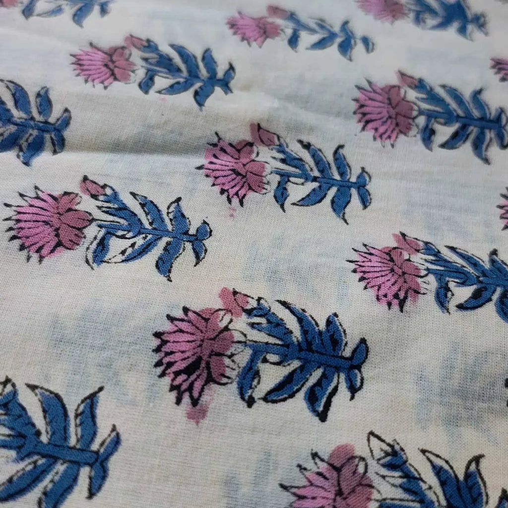Sanganeri Hand Block Print Cotton Fabric – Beige Floral Print
