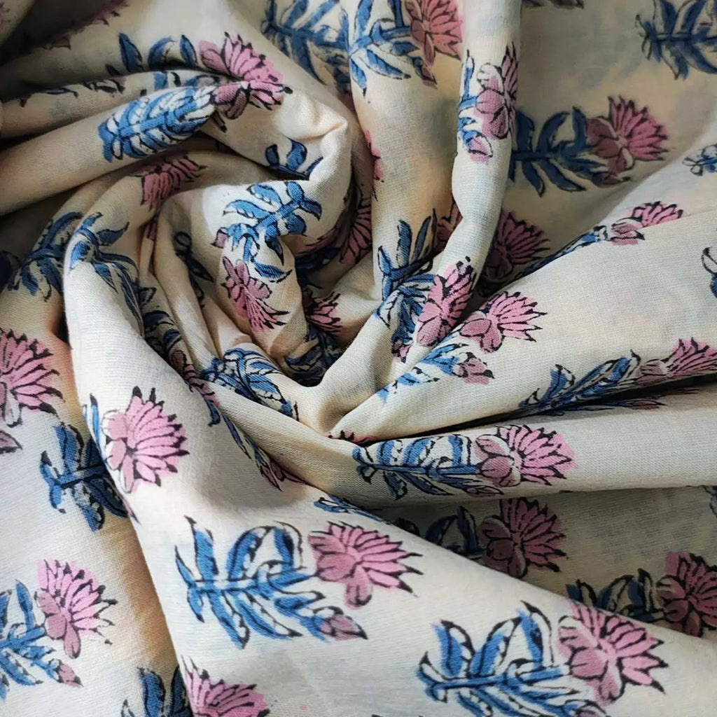 Sanganeri Hand Block Print Cotton Fabric – Beige Floral Print