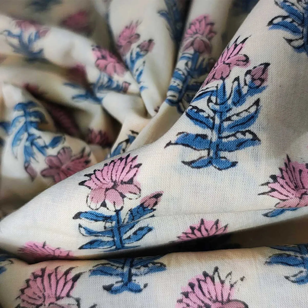 Sanganeri Hand Block Print Cotton Fabric – Beige Floral Print