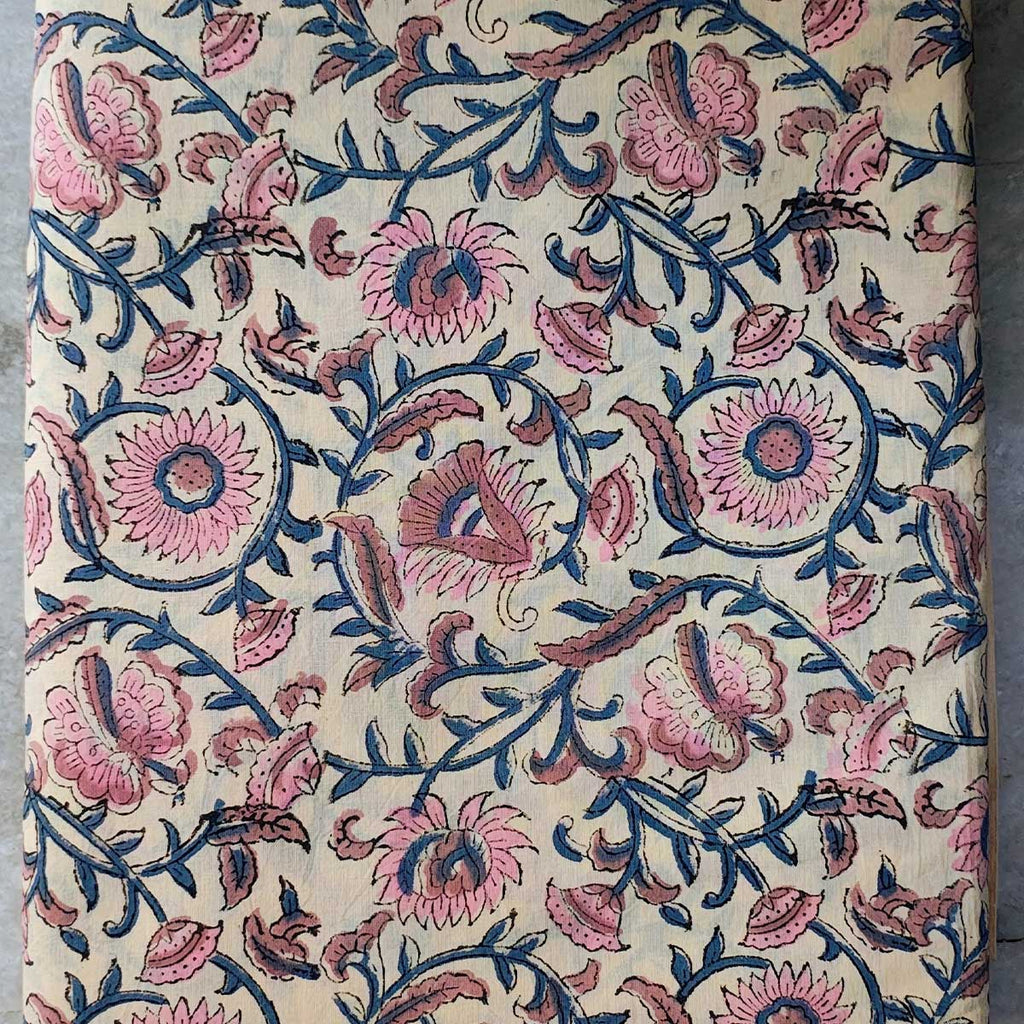 Handmade Bagru Print Textile – Beige Floral Print Cotton Material