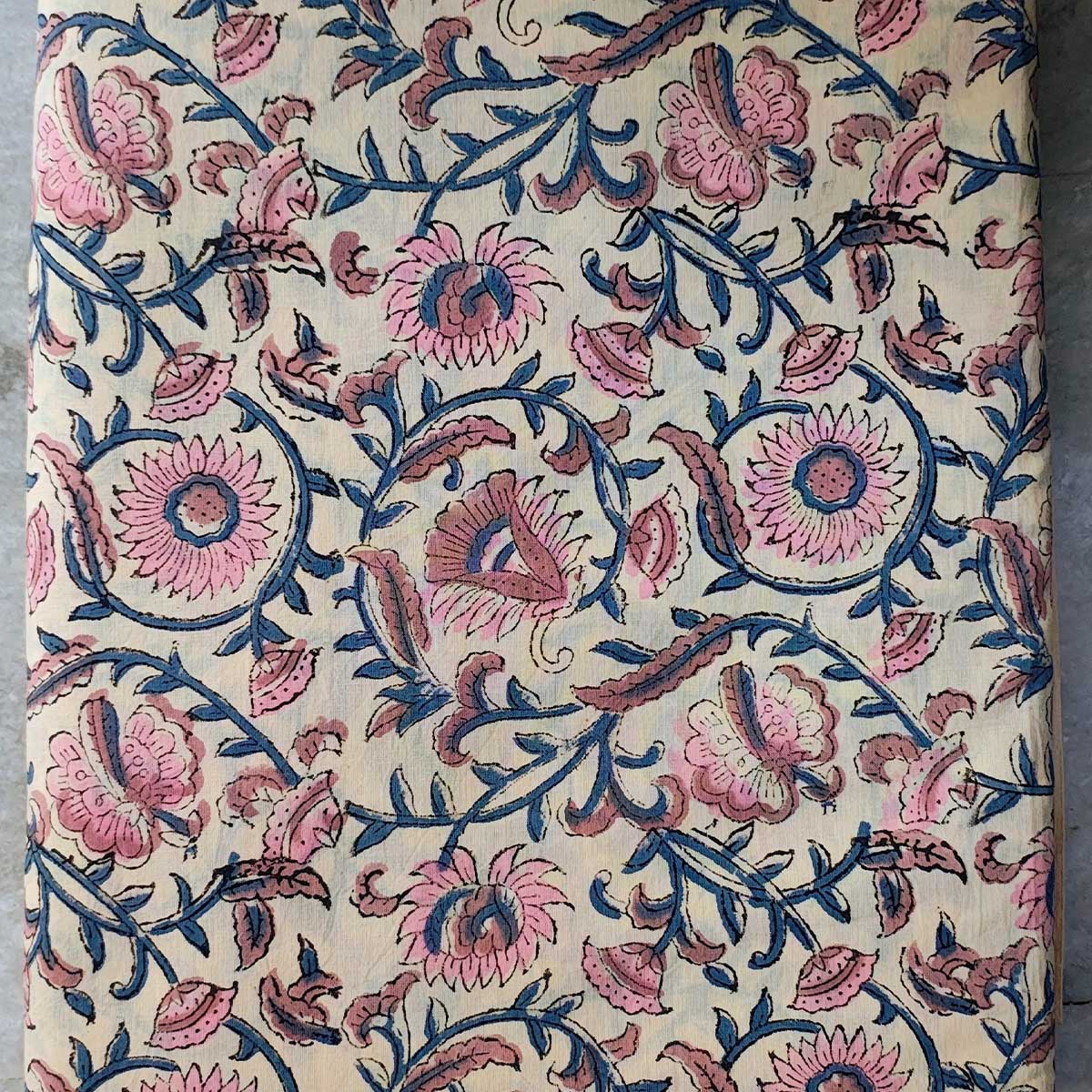 Handmade Bagru Print Textile – Beige Floral Print Cotton Material