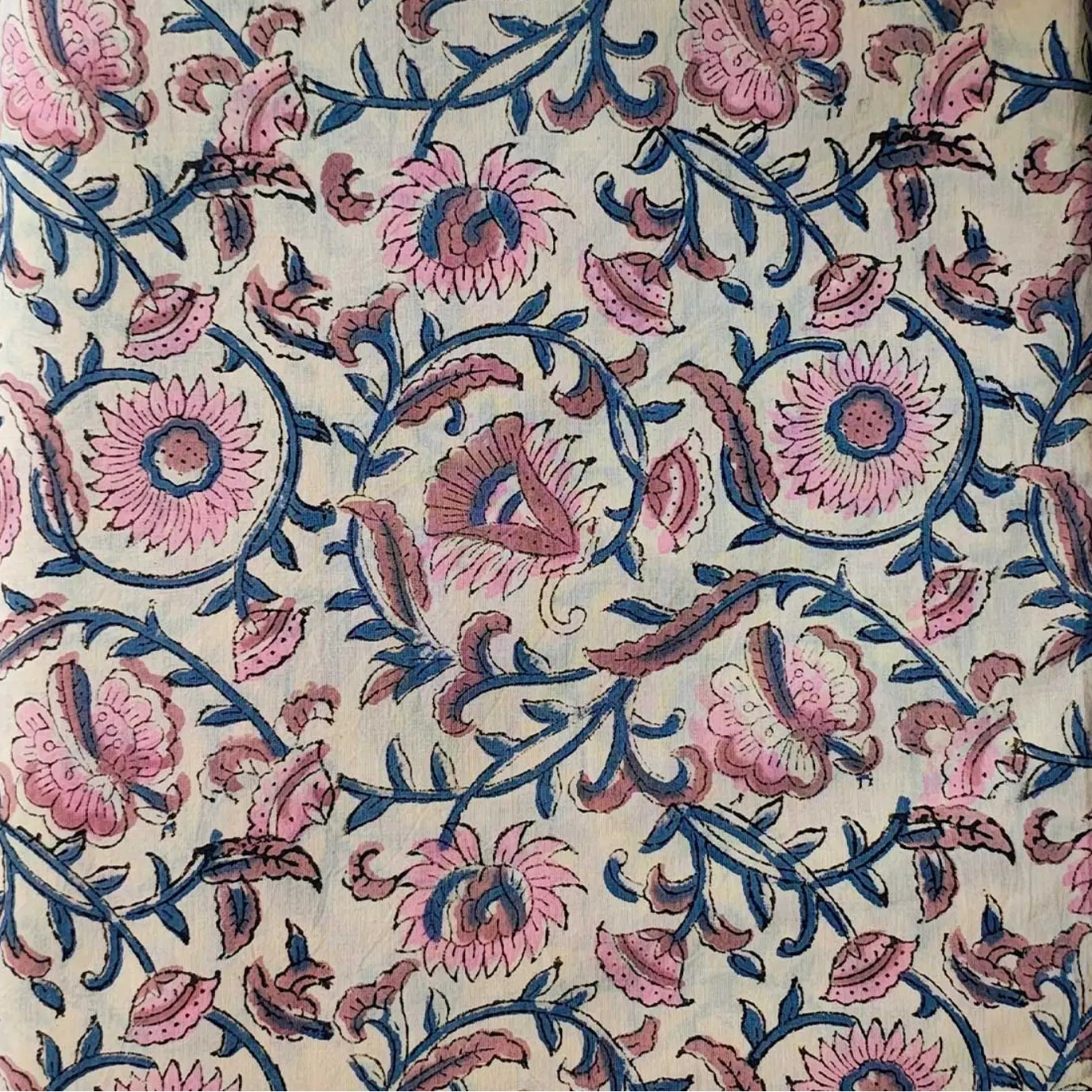 Sanganeri Hand Block Print Cotton Fabric – Beige Floral Print