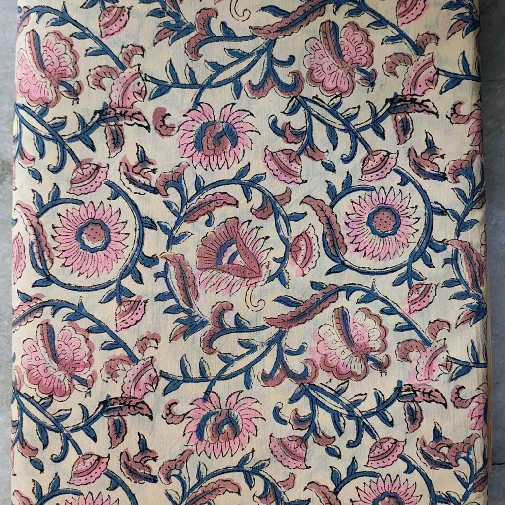 Handmade Bagru Print Textile – Beige Floral Print Cotton Material