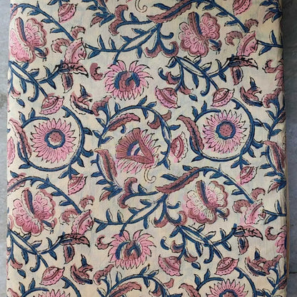 Sanganeri Hand Block Print Cotton Fabric – Beige Floral Print