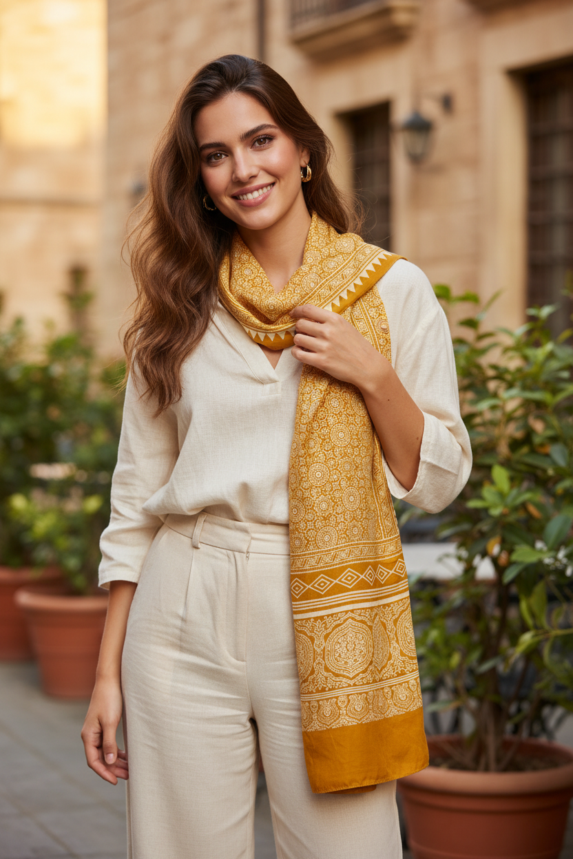 Ajrakh Hand Block Print Yellow Color Viscose Stole | Traditional Geometric Print | L220 X W55 cm