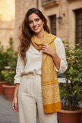 Ajrakh Hand Block Print Yellow Color Viscose Stole | Traditional Geometric Print | L220 X W55 cm