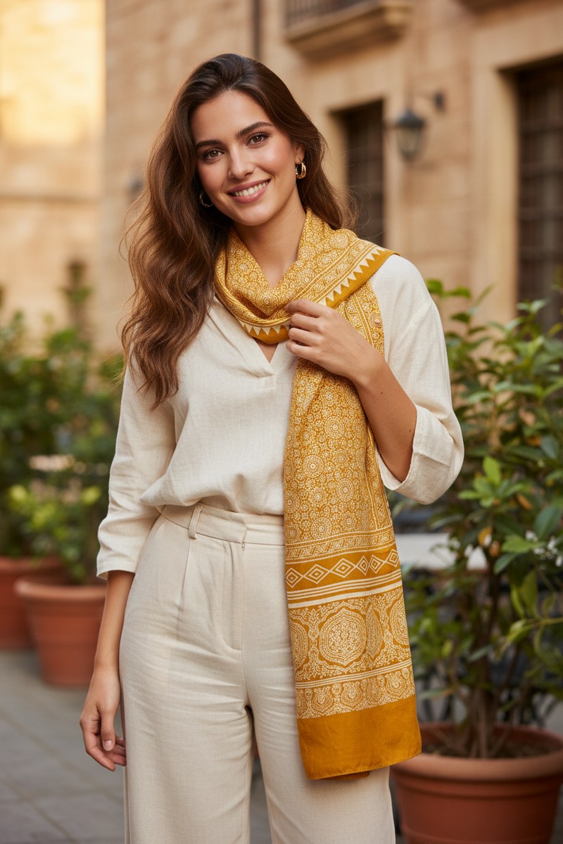 Ajrakh Hand Block Print Yellow Color Viscose Stole | Traditional Geometric Print | L220 X W55 cm