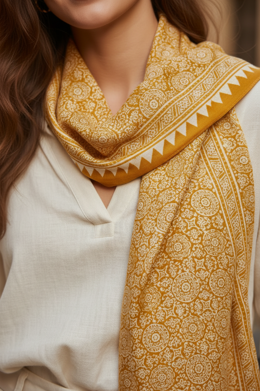Ajrakh Hand Block Print Yellow Color Viscose Stole | Traditional Geometric Print | L220 X W55 cm