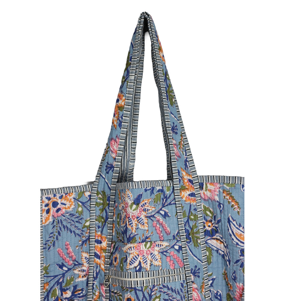 Handmade Block Print Cotton Quilted Tote Bag – Blue Floral