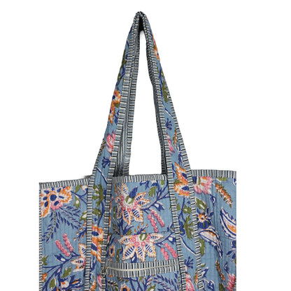 Handmade Block Print Cotton Quilted Tote Bag – Blue Floral