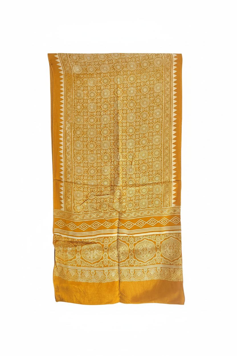 Ajrakh Hand Block Print Yellow Color Viscose Stole | Traditional Geometric Print | L220 X W55 cm