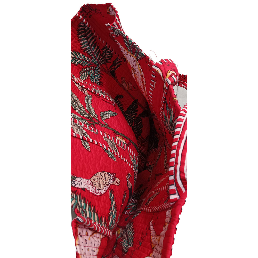 Handmade Block Print Cotton Quilted Tote Bag – Red Floral