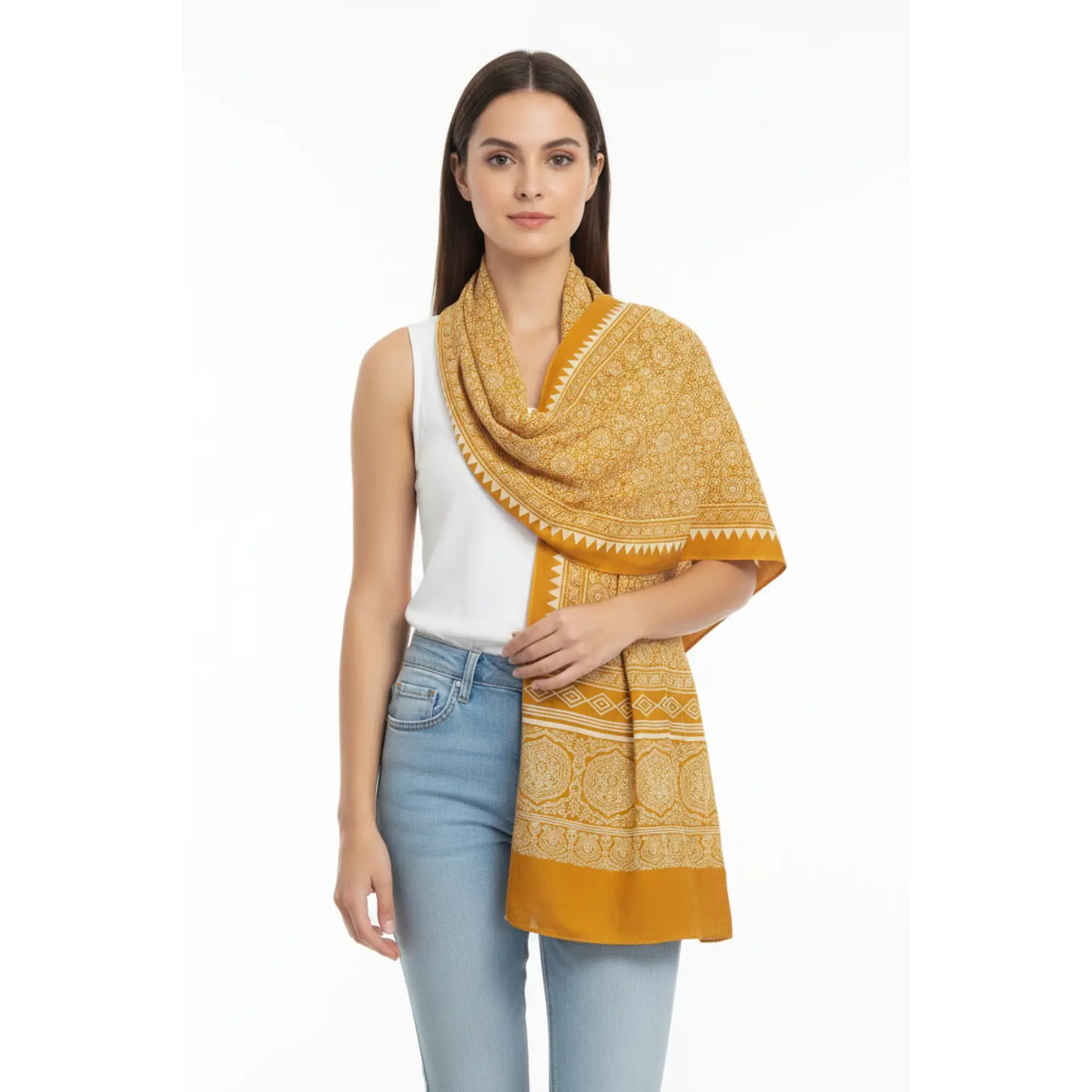 Ajrakh Hand Block Print Yellow Color Viscose Stole | Traditional Geometric Print | L220 X W55 cm