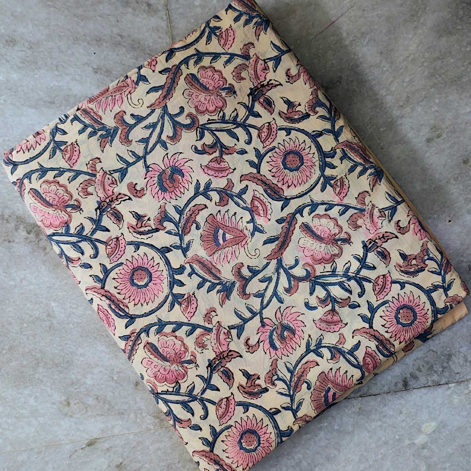 Handmade Bagru Print Textile – Beige Floral Print Cotton Material
