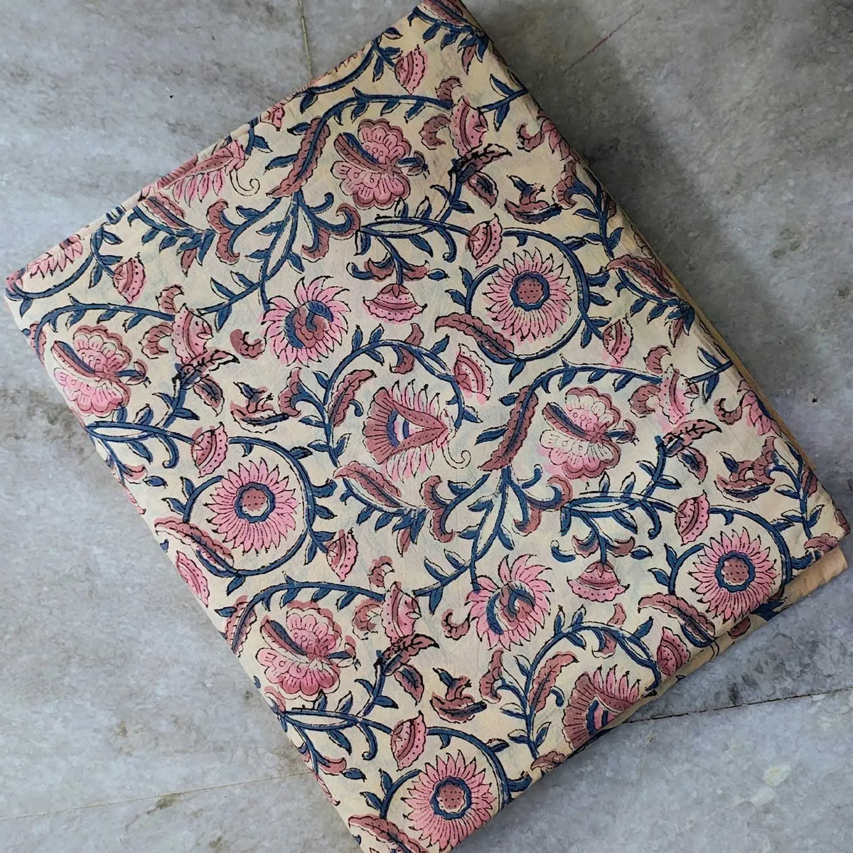 Sanganeri Hand Block Print Cotton Fabric – Beige Floral Print