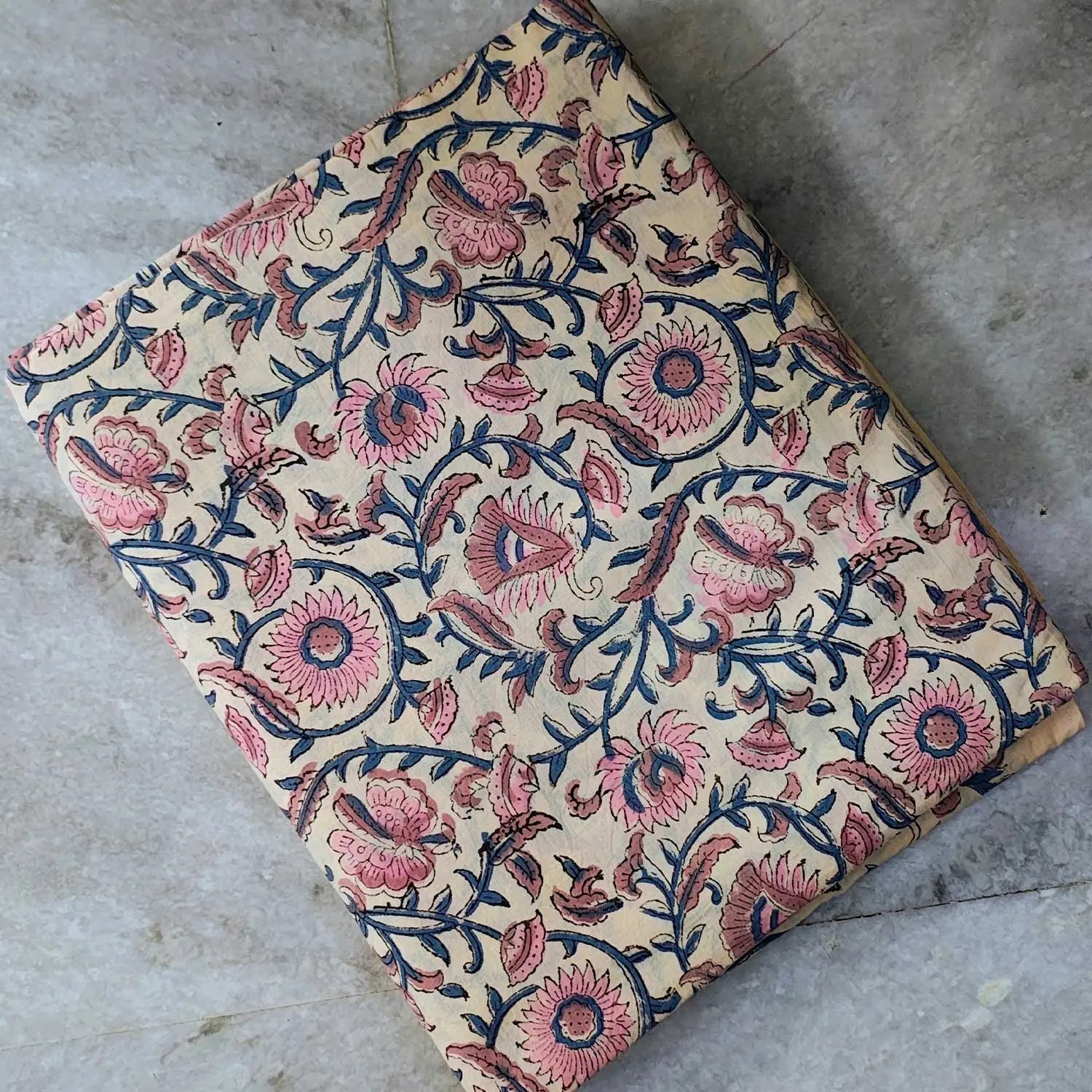 Handmade Bagru Print Textile – Beige Floral Print Cotton Material