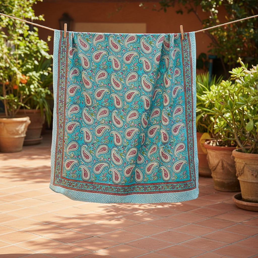 Teal paisley patterned towel hanging on a clothesline outdoors.