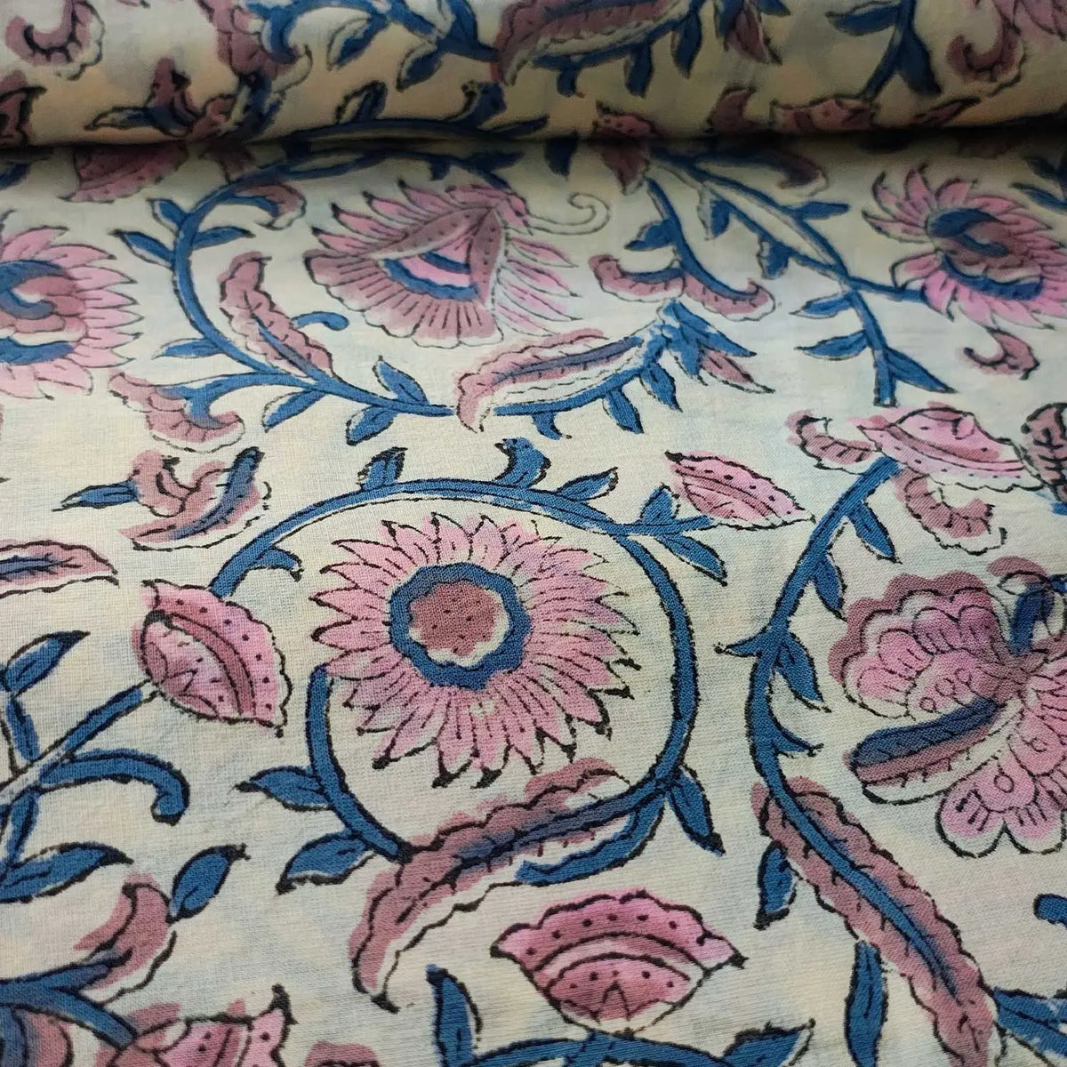 Sanganeri Hand Block Print Cotton Fabric – Beige Floral Print