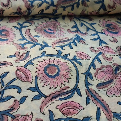 Sanganeri Hand Block Print Cotton Fabric – Beige Floral Print