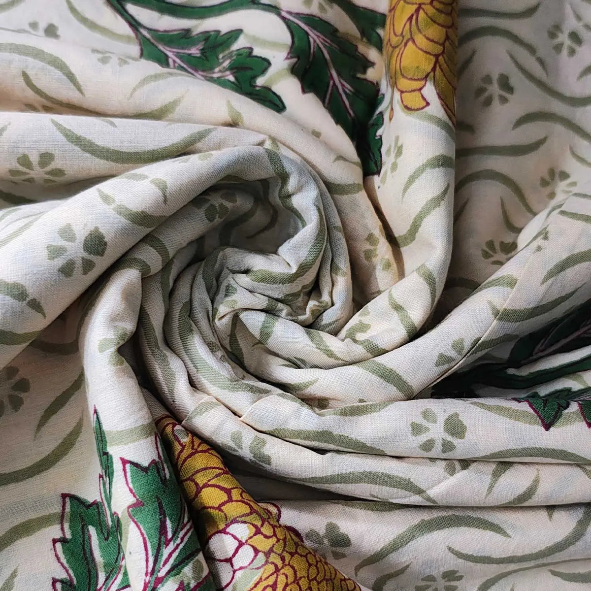 Sanganeri Hand Block Print Cotton Fabric – Beige Floral Print