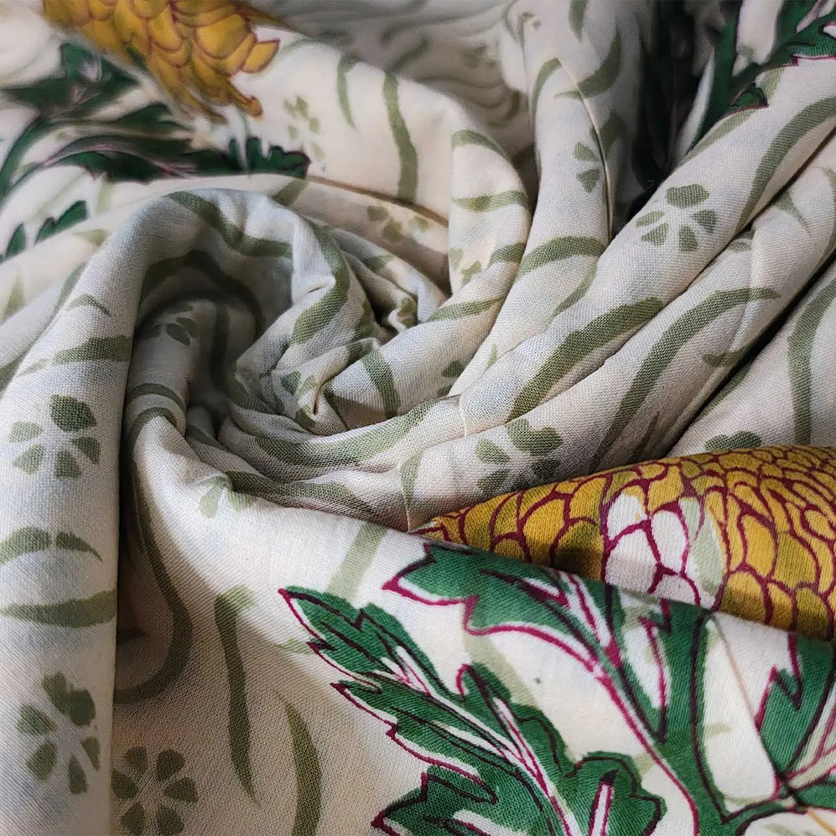Sanganeri Hand Block Print Cotton Fabric – Beige Floral Print