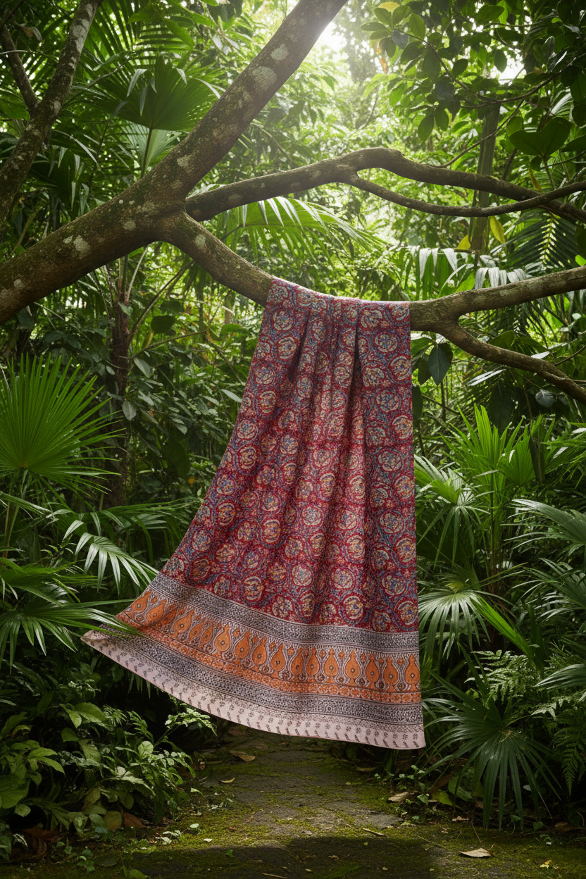 Skirt with floral pattern hanging from a tree branch in a forest setting