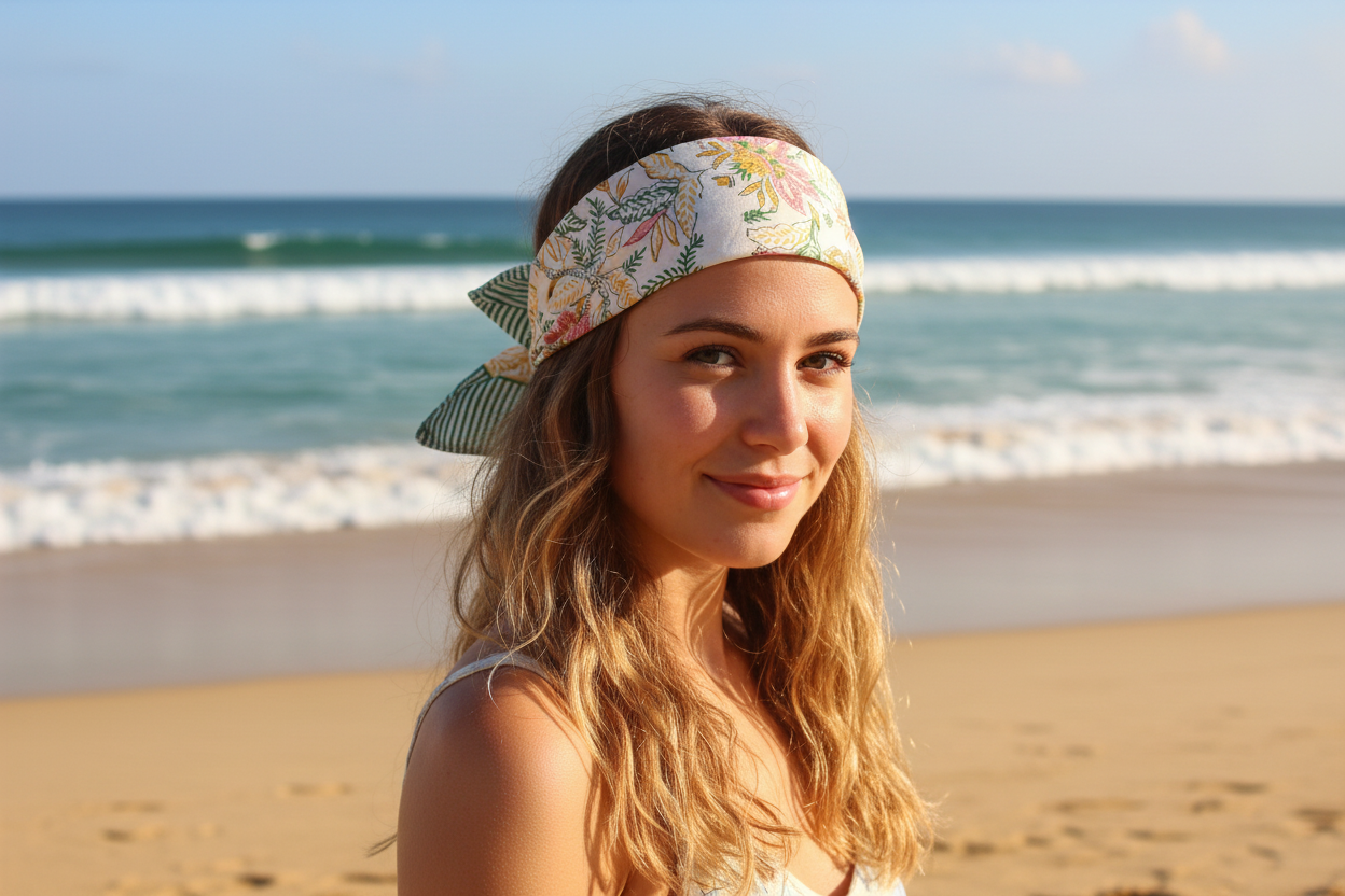 Woman wearing a floral headband on a beach with ocean in the background