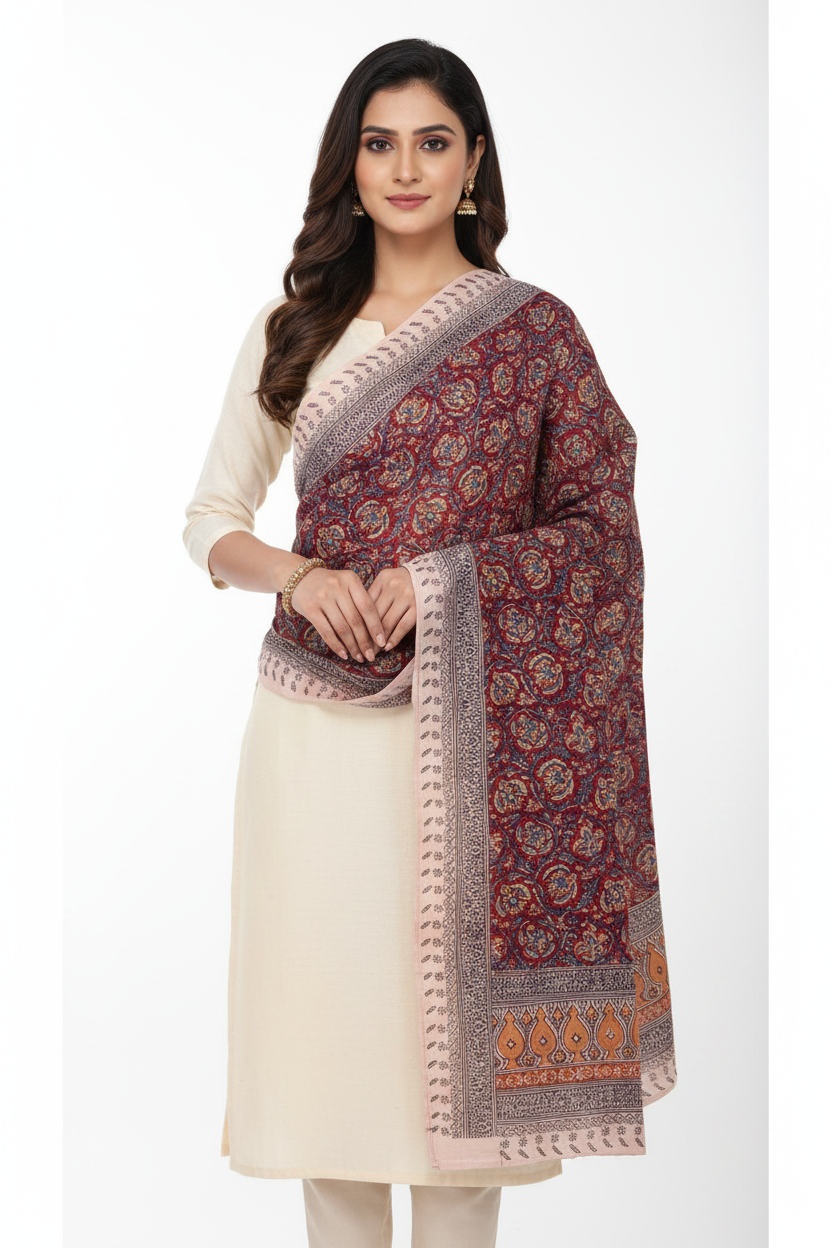 Woman wearing a cream kurta with a maroon and gold patterned dupatta on a white background