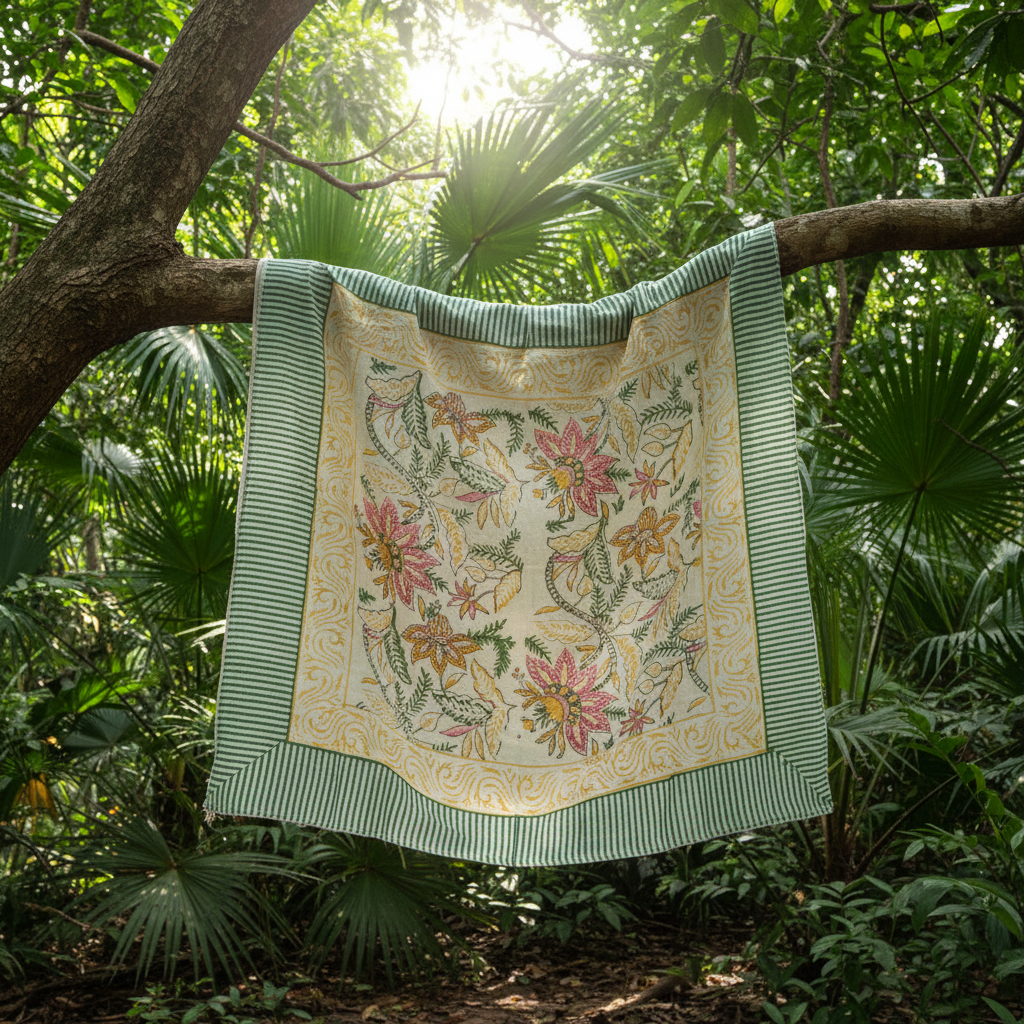 Decorative quilt with floral patterns hanging from a tree branch in a forest setting