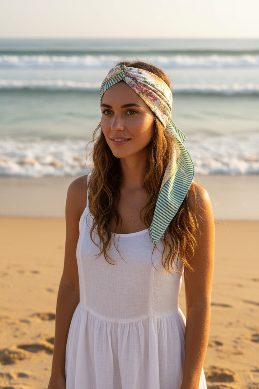 Woman wearing a headscarf on a beach