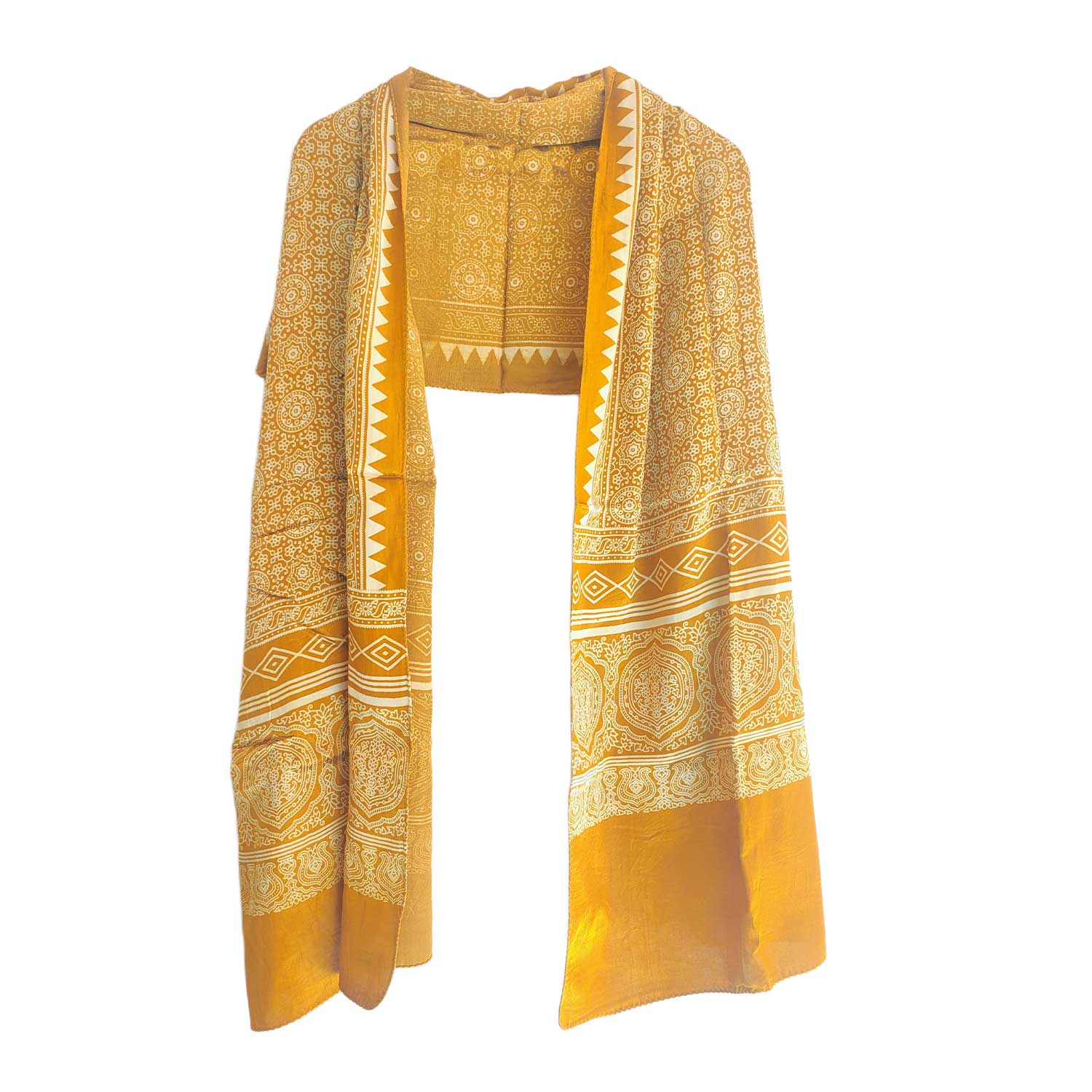 Ajrakh Hand Block Print Yellow Color Viscose Stole | Traditional Geometric Print | L220 X W55 cm