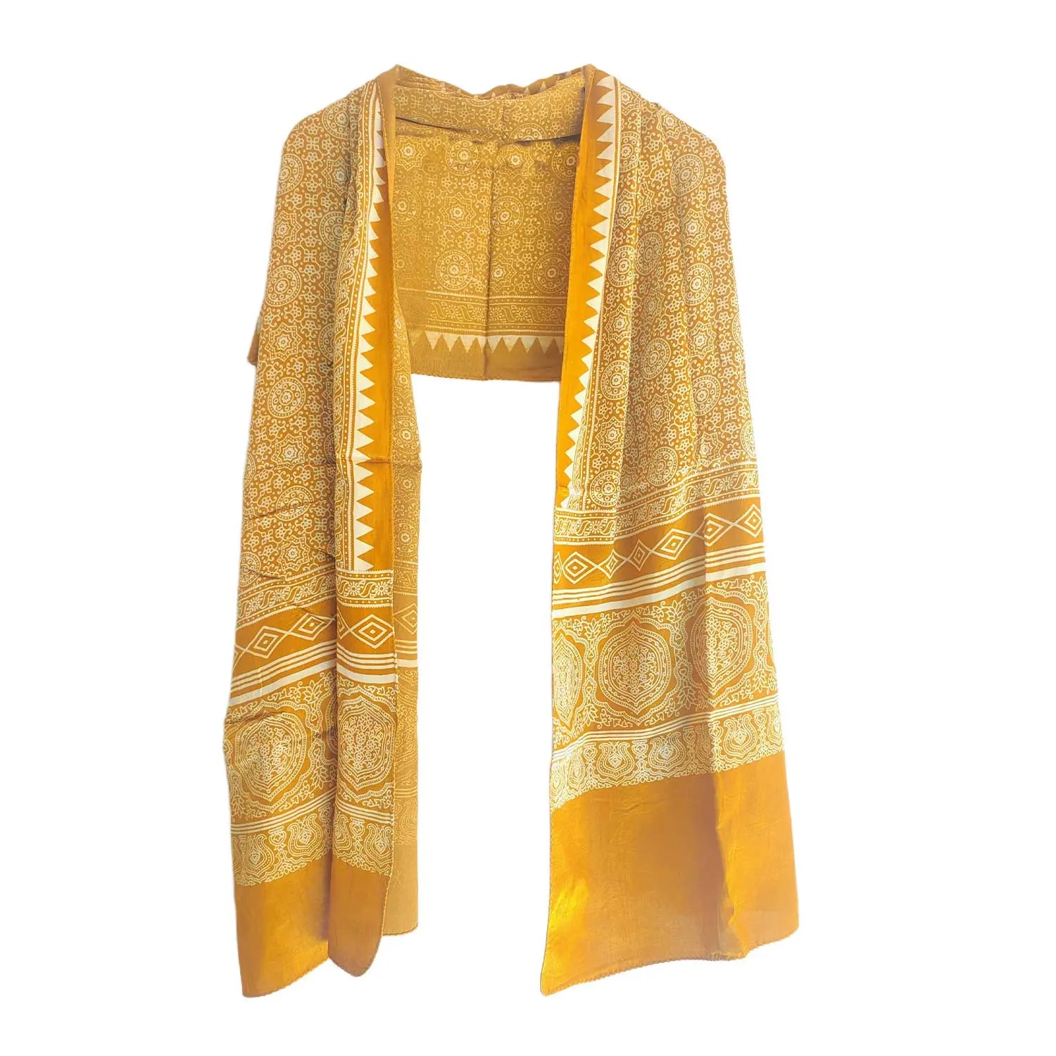 Ajrakh Hand Block Print Yellow Color Viscose Stole | Traditional Geometric Print | L220 X W55 cm