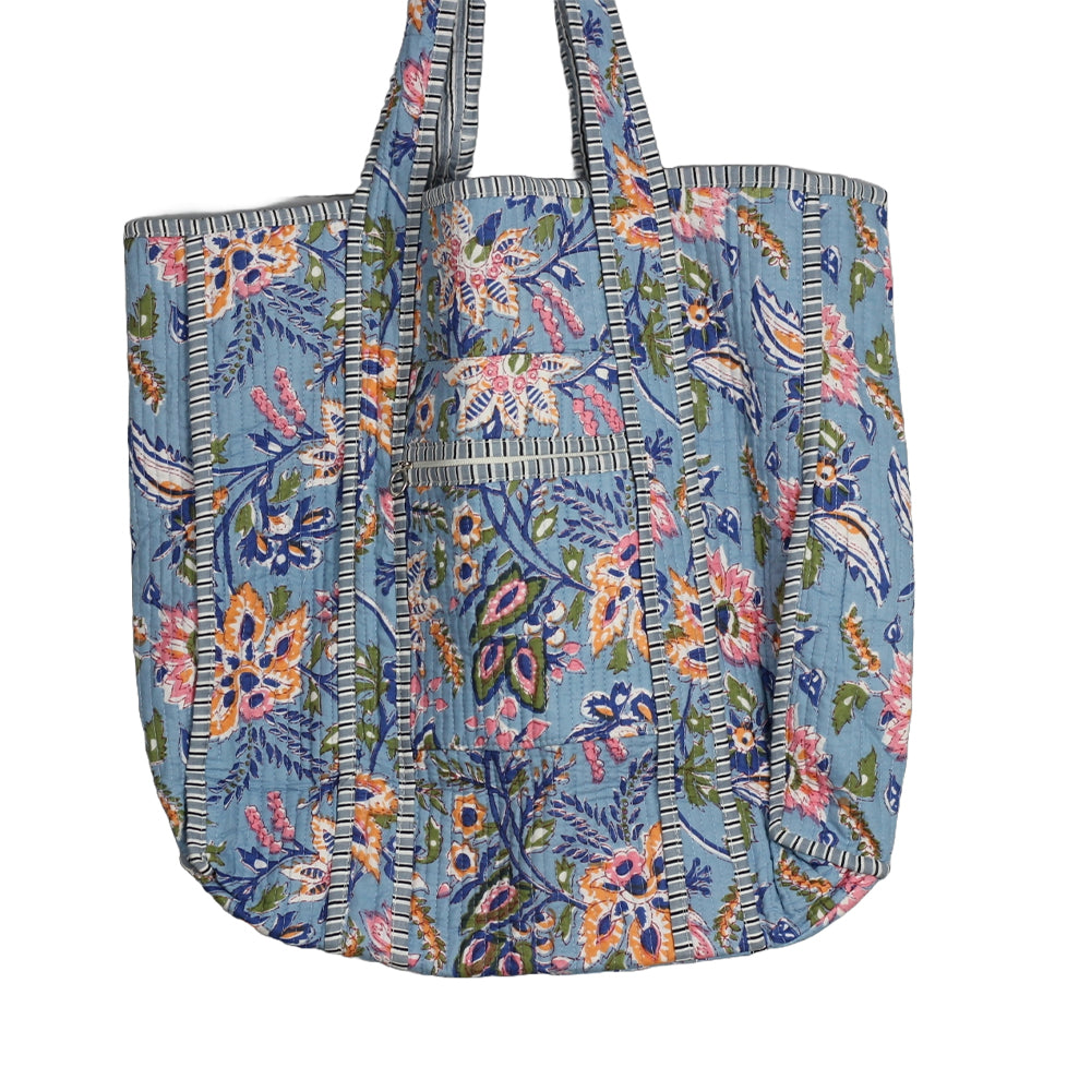 Handmade Block Print Cotton Quilted Tote Bag – Blue Floral