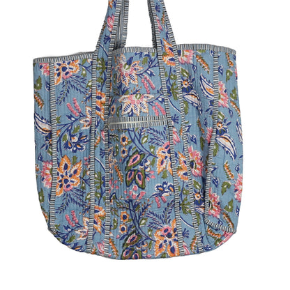 Handmade Block Print Cotton Quilted Tote Bag – Blue Floral