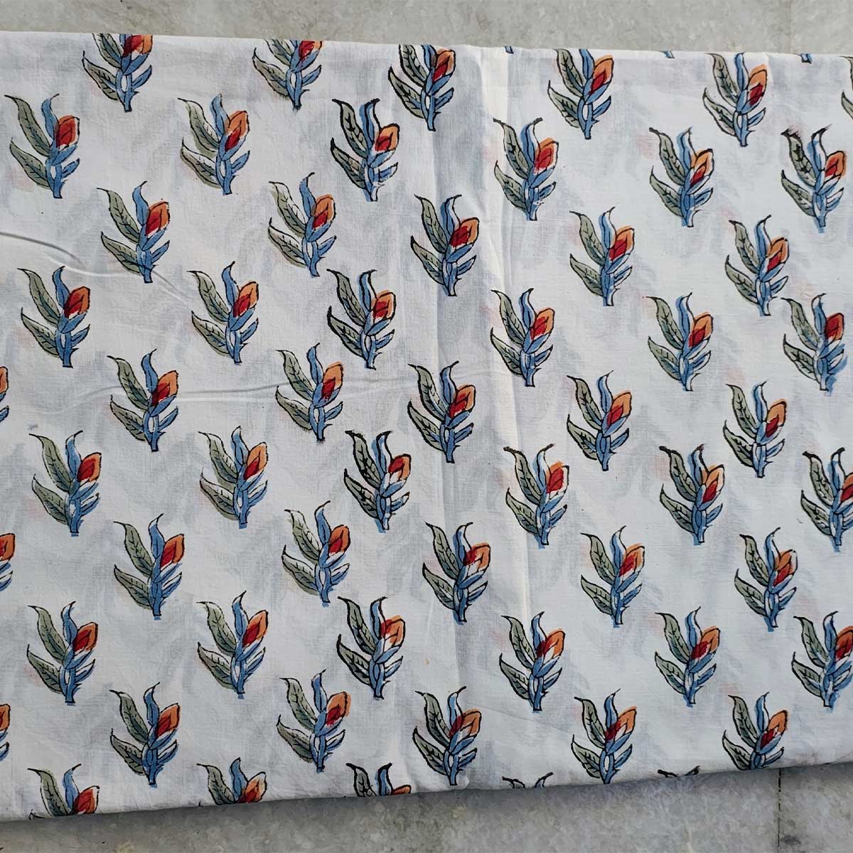 Handmade Bagru Print Textile –  White Floral Print Cotton Material