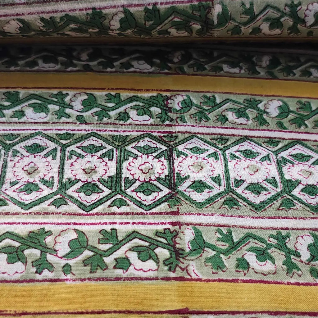 Sanganeri Hand Block Print Cotton Fabric – Green Floral Print