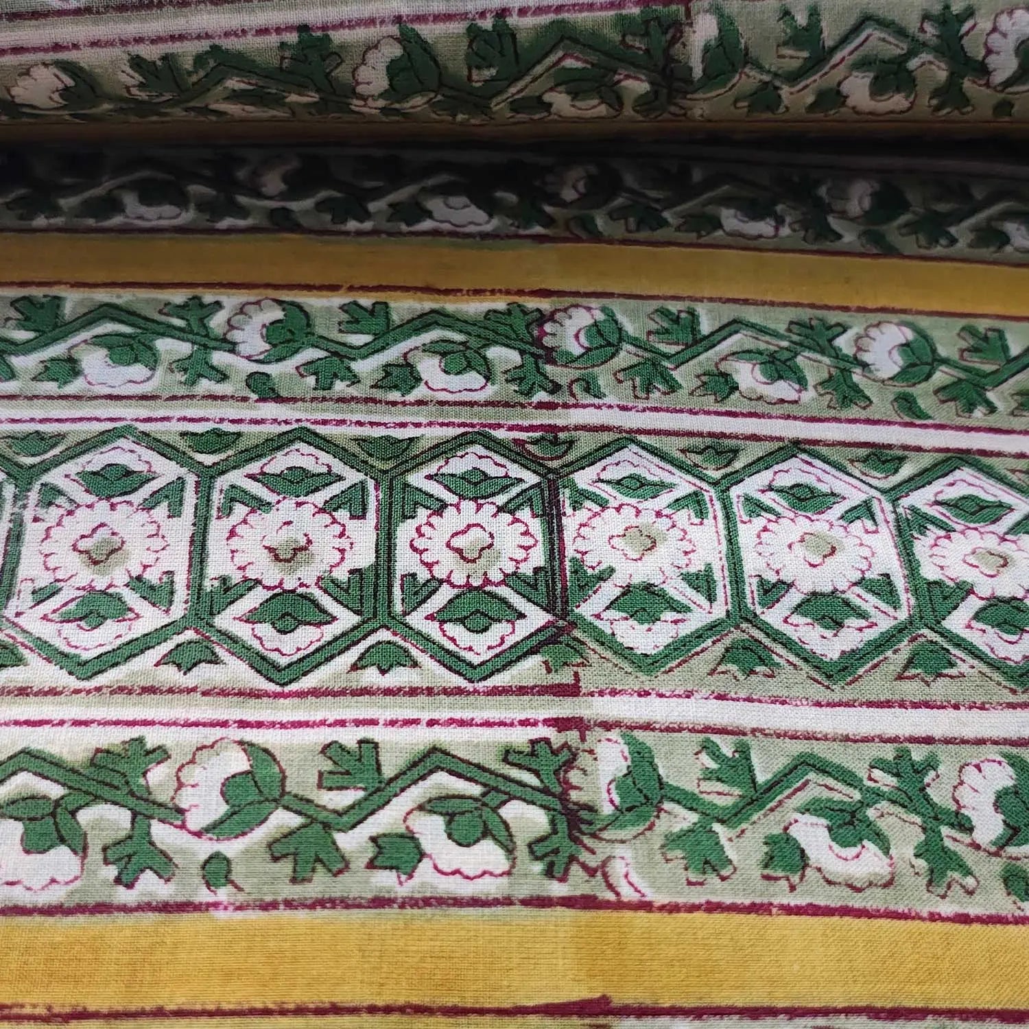 Handmade Bagru Print Textile – Green Floral Print Cotton Material