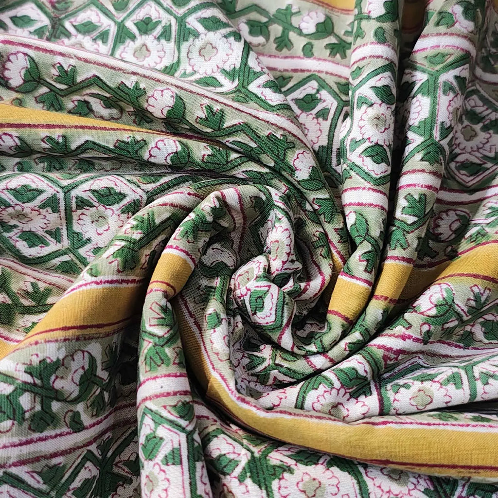 Sanganeri Hand Block Print Cotton Fabric – Green Floral Print