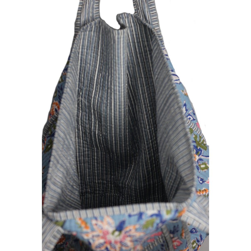Handmade Block Print Cotton Quilted Tote Bag – Blue Floral