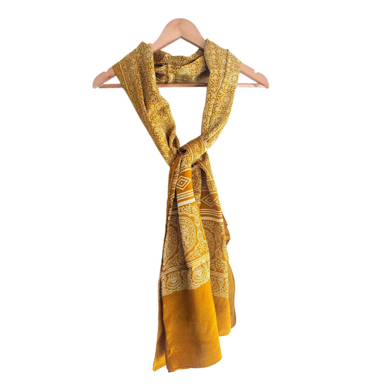 Ajrakh Hand Block Print Yellow Color Viscose Stole | Traditional Geometric Print | L220 X W55 cm