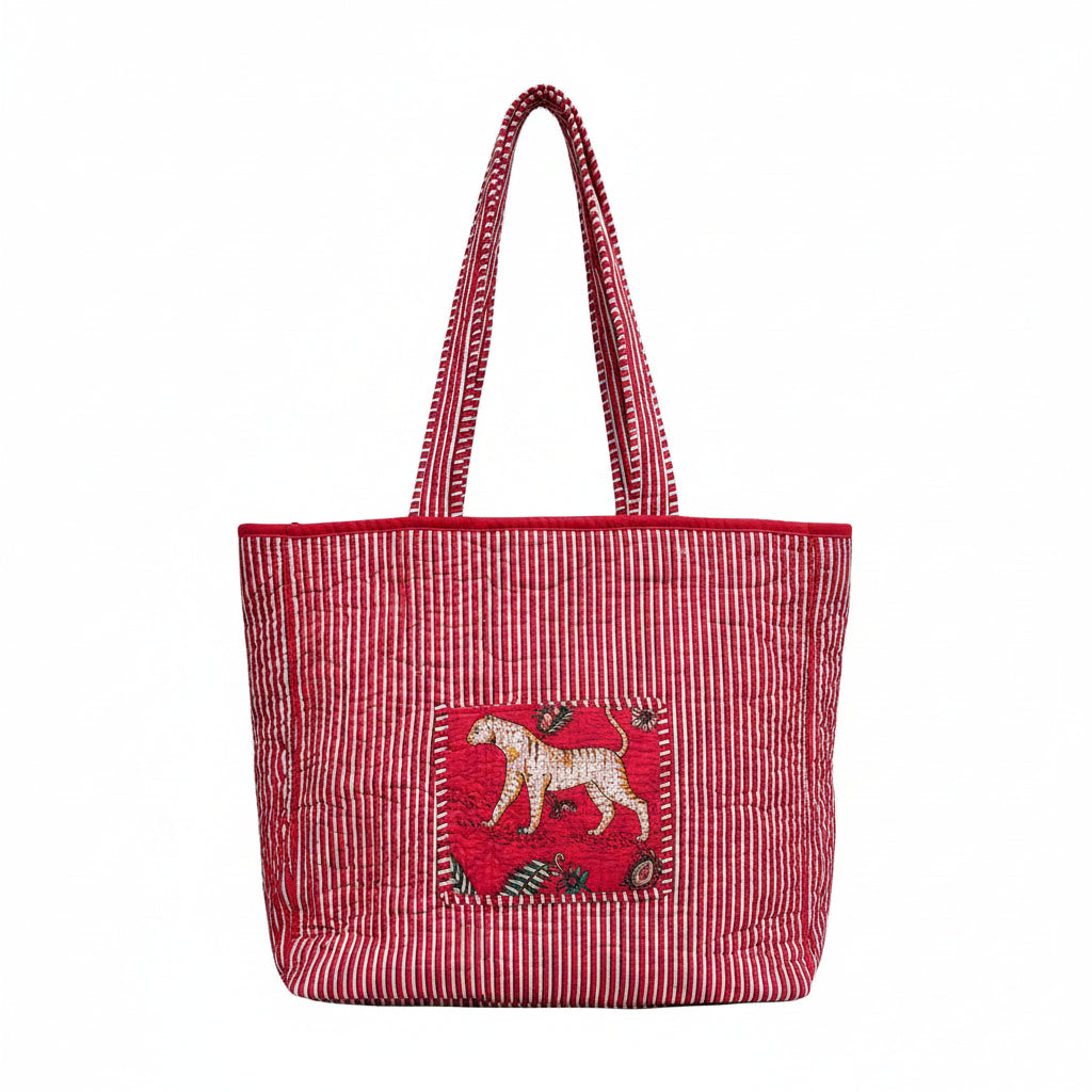 Handmade Block Print Cotton Quilted Tote Bag – Red Floral