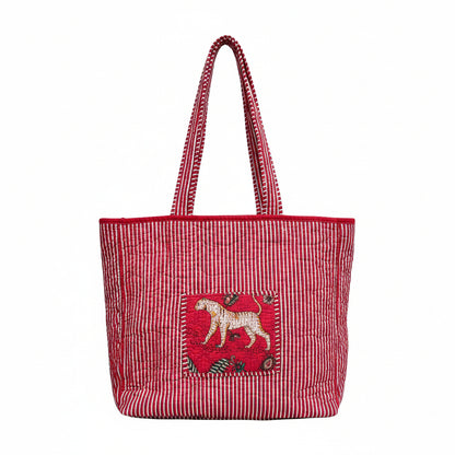 Handmade Block Print Cotton Quilted Tote Bag – Red Floral
